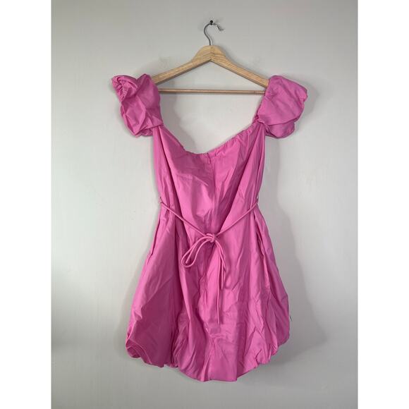 NWT Staud Ash Off Shoulder Gathered Shell Puff Sleeve Self-Tie Mini Dress Pink - Picture 6 of 7